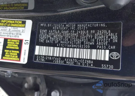 2021 Toyota Camry Le z USA, uszkodzony, nr VIN 4T1C11AK8MU582309